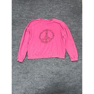 Easel Pink Peace Sign Graphic Sweatshirt Womens Large Floral Patchwork Boho Top